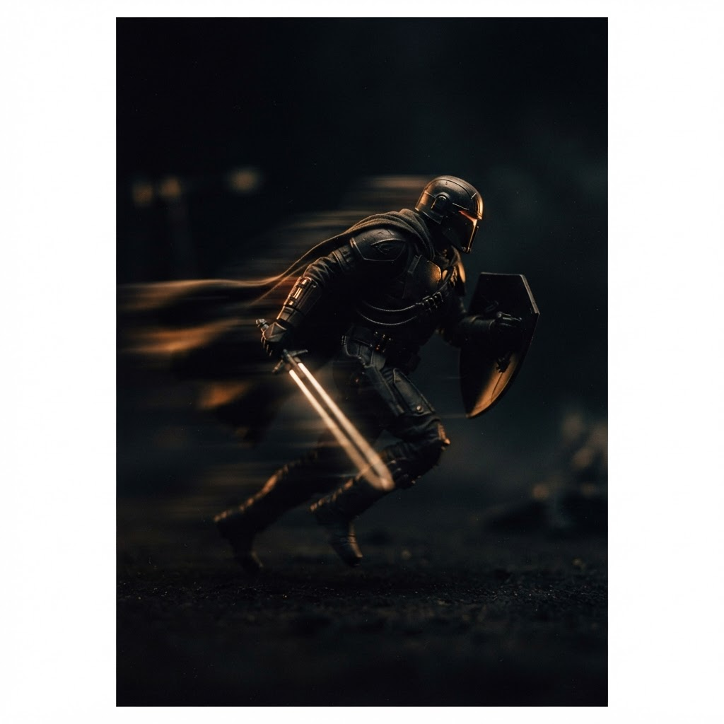 Moody gaming cinematic still with a lone silhouette and warm rim light