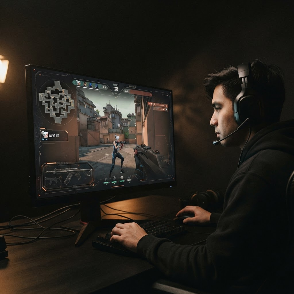 Dark cinematic Valorant livestream branding overlay with a muted orange accent